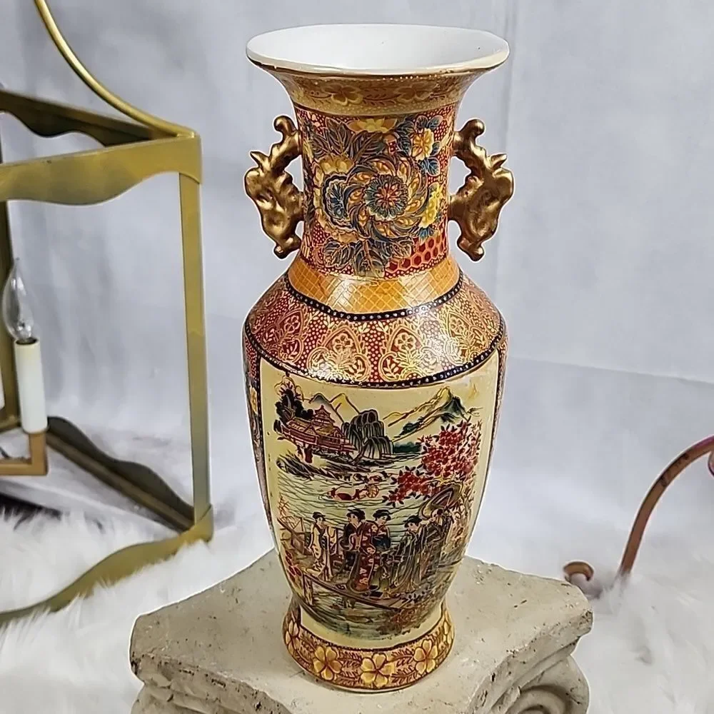Hand Painted Japanese Water and Mountain Scene Vase Urn